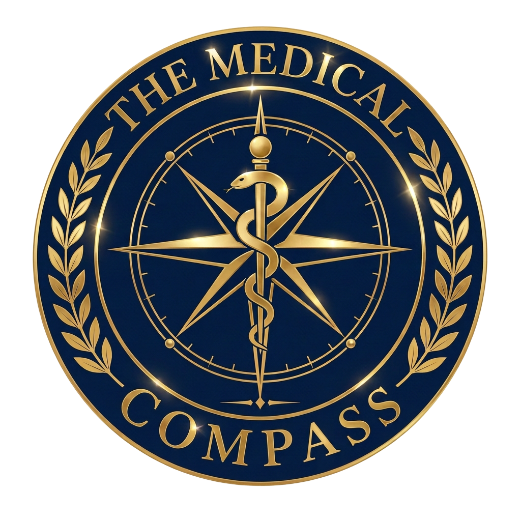 The Medical Compass emblem: a Rod of Asclepius at the center of a compass rose
